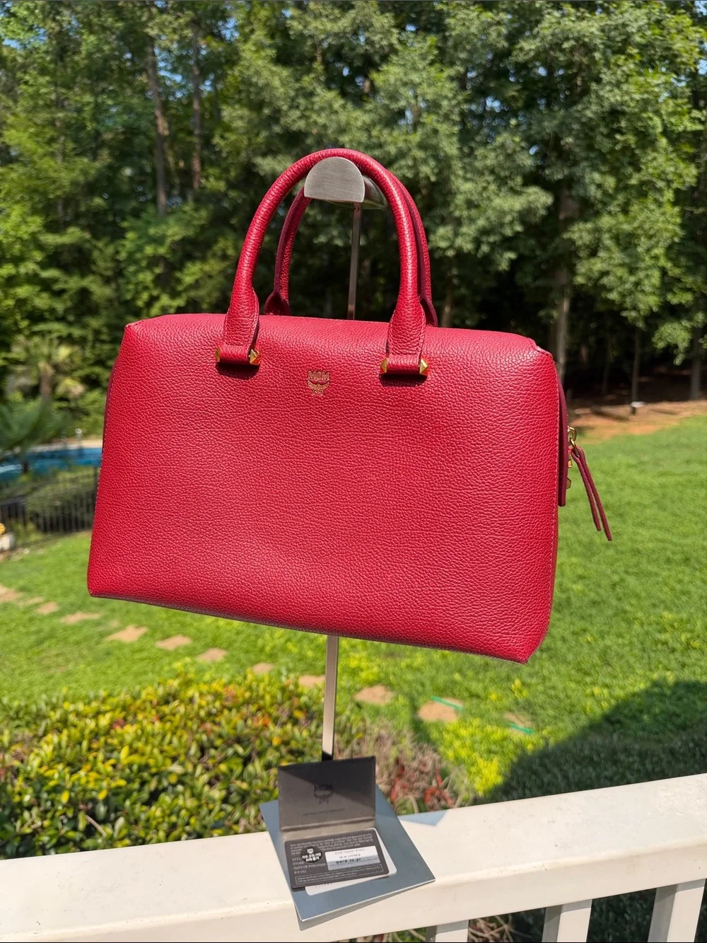 MCM Red Leather Satchel Bag